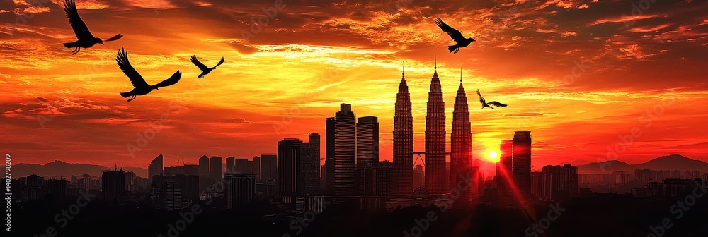 City skyline silhouette with birds flying against a vibrant orange and yellow sunset.