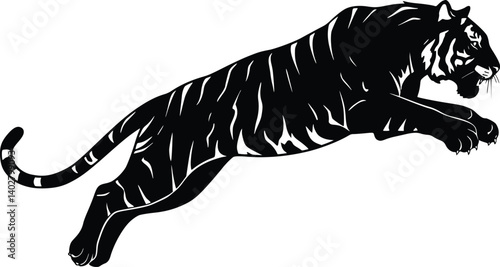 Black and white illustration of a tiger leaping forward with dynamic motion and powerful stance
