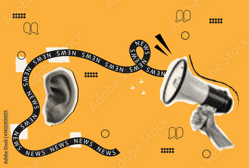 Contemporary halftone collage social media news,halftone hand holding loudspeaker with news text ribbon and ear,cut out from paper