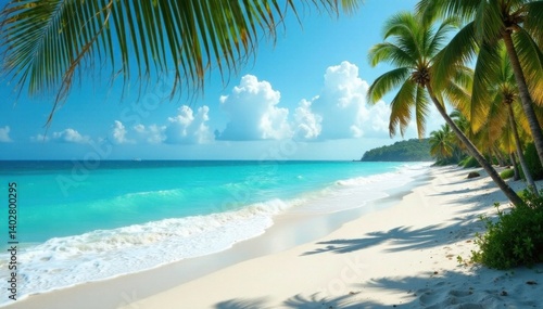 Turquoise waves caress sandy shoreline  palm trees sway gently in ocean breeze  palm  sunset  ocean