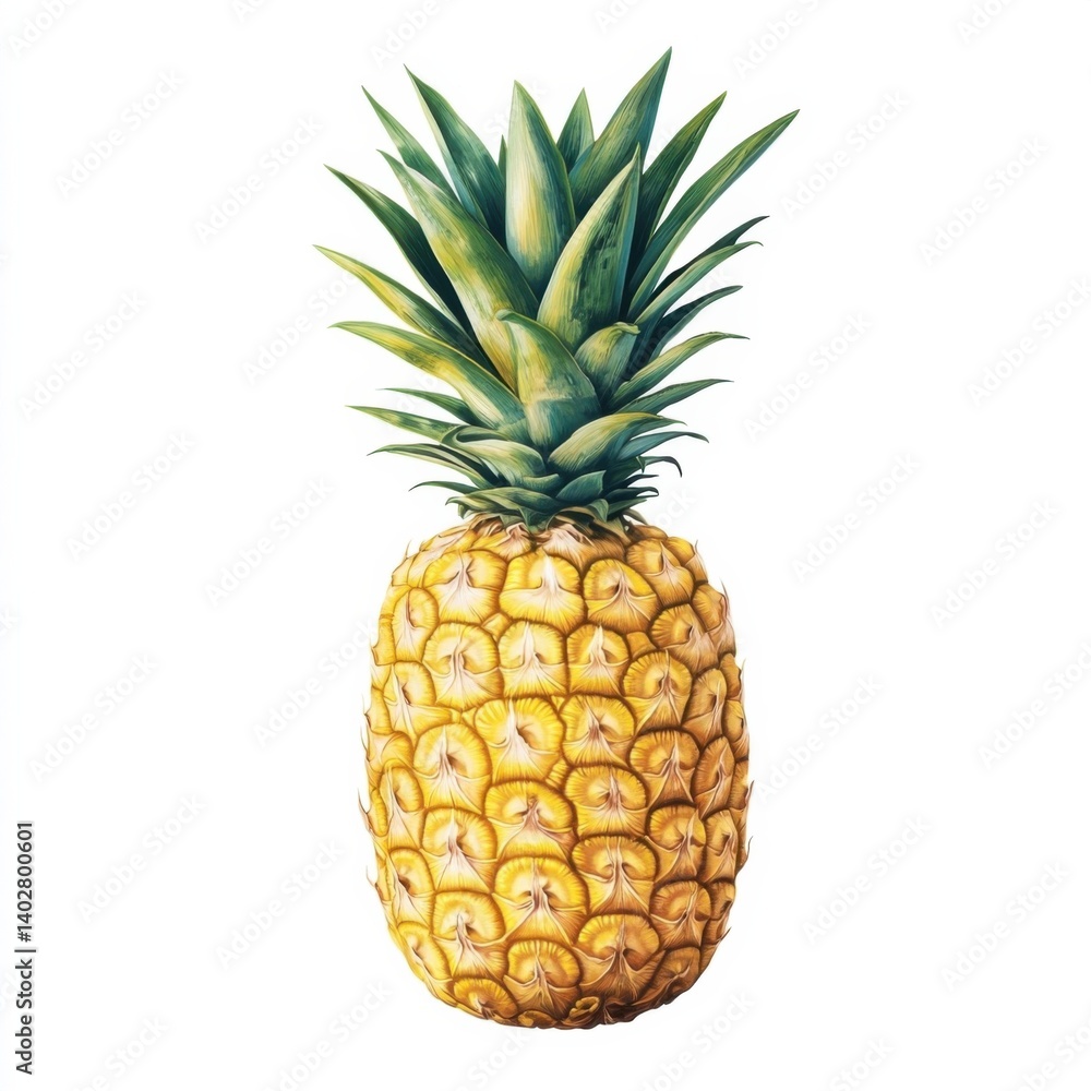 Fototapeta premium A juicy golden slice of pineapple with vibrant yellow flesh and sharp edges, isolated white background, hyperrealism art style
