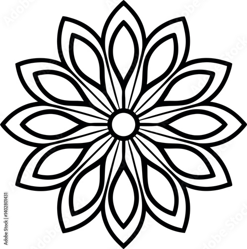 Elegant black and white flower vector with pointed petals radiating from center