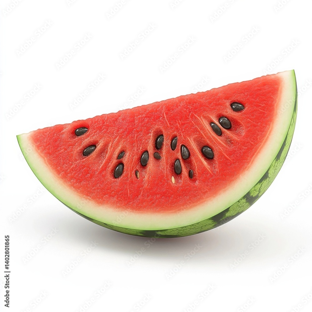 A juicy ripe watermelon slice with bright red flesh and black seeds, isolated white background, hyperrealism art style A juicy ripe watermelon slice with bright red flesh and black seeds, isolated white background, hyperrealism art style