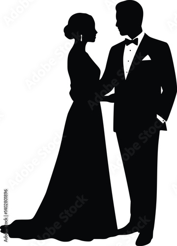 Silhouette of a well-dressed couple standing close, symbolizing formality and companionship