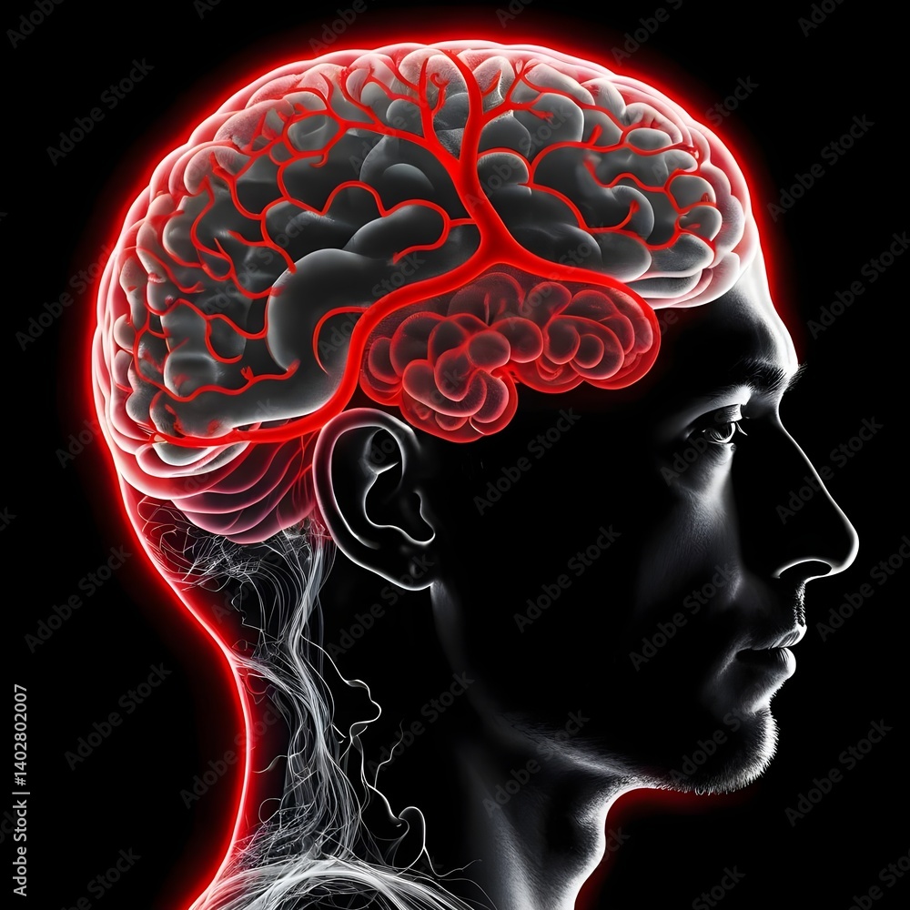 Obraz premium Human Brain Anatomy with highlighted blood vessels