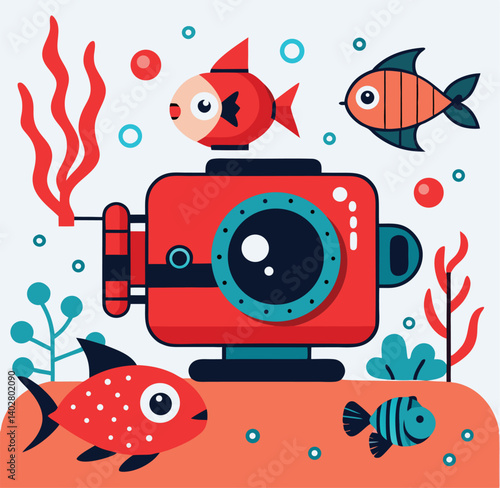 Underwater Exploration With Cartoon Fish And Vintage Camera Illustration In Flat Design