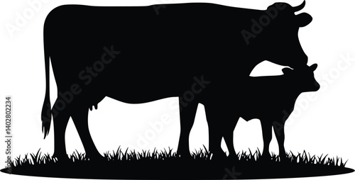Silhouette of a cow nuzzling its calf, symbolizing maternal care and connection