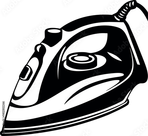 Monochrome vector illustration of a modern electric clothes iron appliance