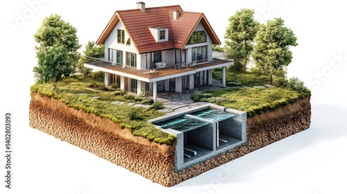 Imposing two story modern villa with pitched red tile roof surrounded by a well manicured garden with a tranquil pond and lush foliage