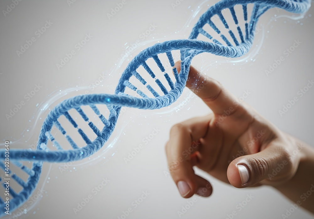 Close-up of human hand touching virtual DNA strand, blue digital glow, neutral background