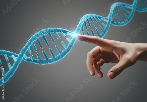 Close-up of human hand touching virtual DNA strand, blue digital glow, neutral background