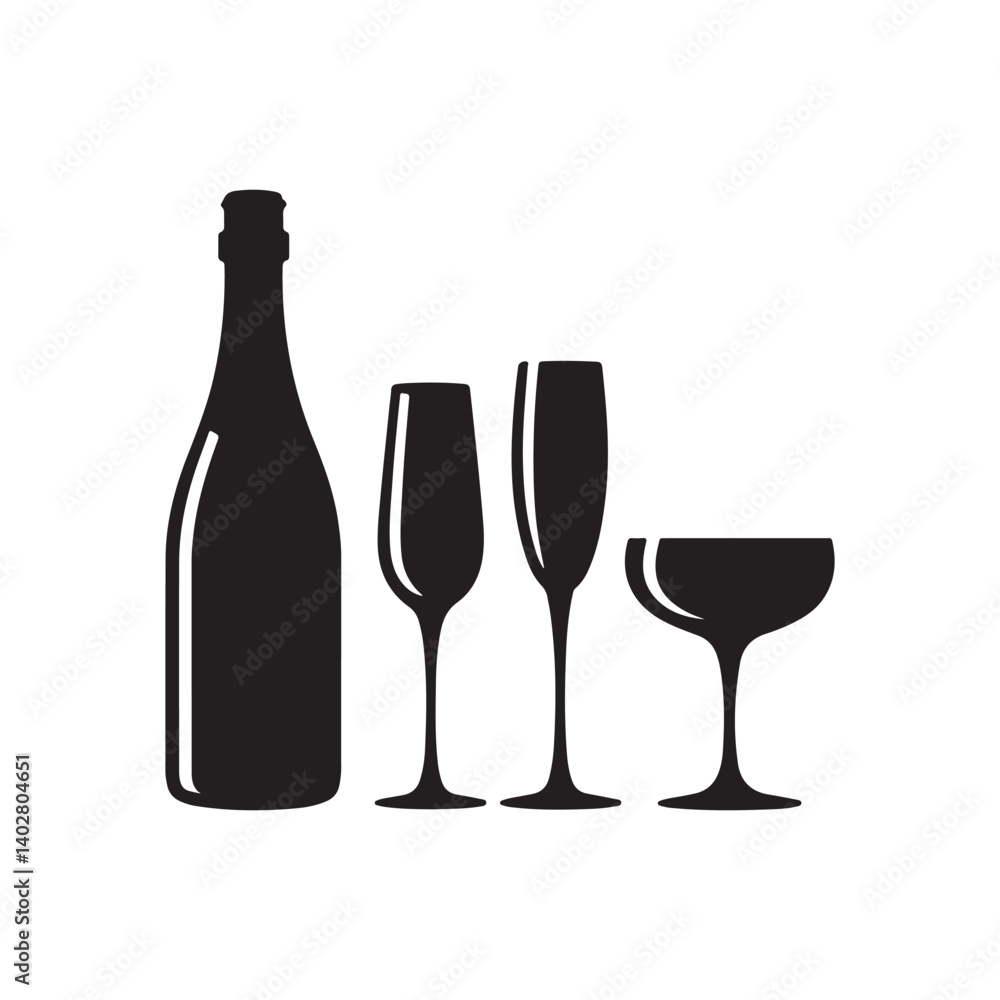 Vector illustration of champagne bottles and clinking glasses in black silhouette style, perfect for celebration, party, toast, and festive design concepts Vector illustration of champagne bottles and clinking glasses in black silhouette style, perfect for celebration, party, toast, and festive design concepts