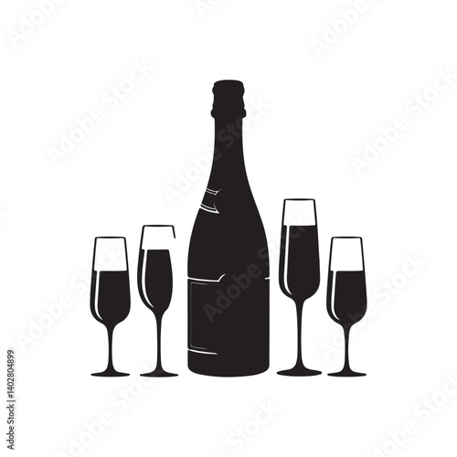  Vector illustration of champagne bottles and clinking glasses in black silhouette style, perfect for celebration, party, toast, and festive design concepts