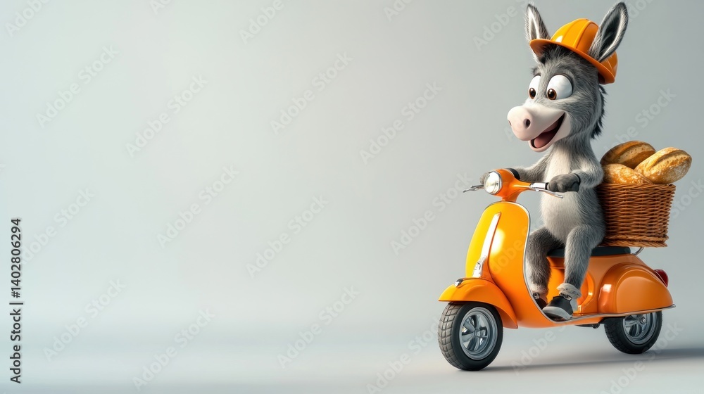 Cartoon donkey delivers bread on a bright orange scooter. Cartoon donkey delivers bread on a bright orange scooter.