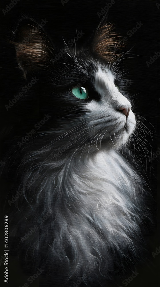 Emerald Eyes: A captivating portrait of a longhaired cat with striking emerald green eyes, a stark contrast to its black and white fur. Emerald Eyes: A captivating portrait of a longhaired cat with striking emerald green eyes, a stark contrast to its black and white fur.