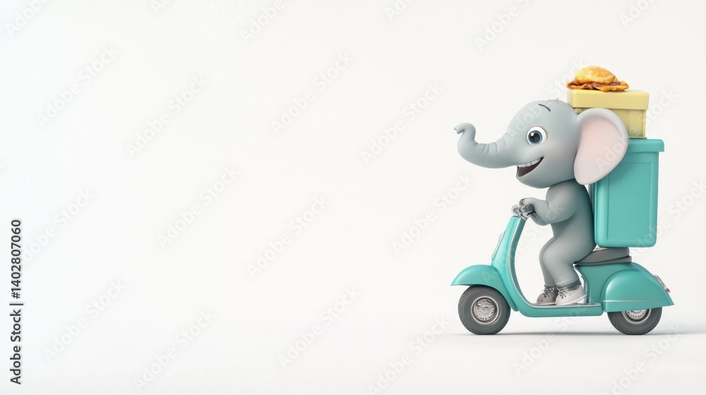 Cute elephant delivery service on a scooter. Cute elephant delivery service on a scooter.