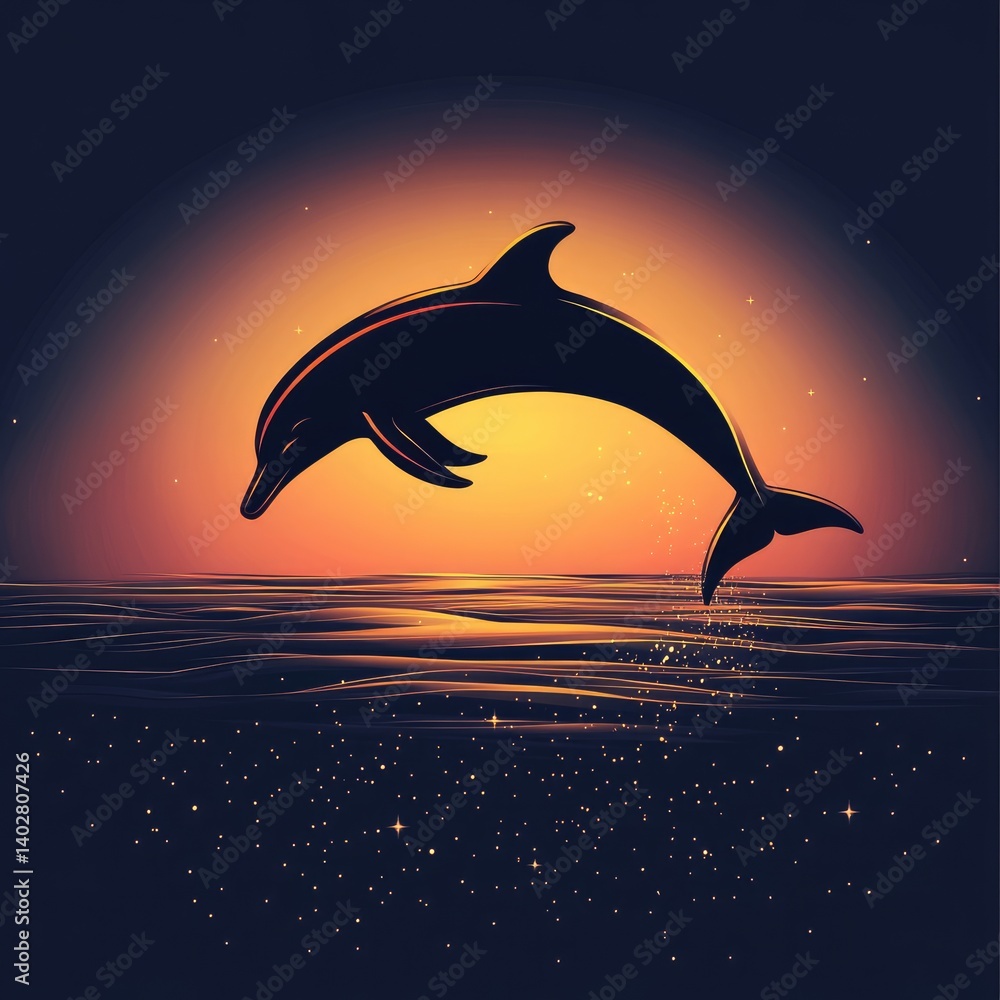 Silhouette of a dolphin leaping at sunset over the ocean Silhouette of a dolphin leaping at sunset over the ocean