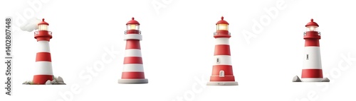 Red and white lighthouses with various designs focused on light-emitting towers