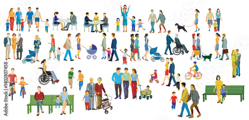 Große Menschengruppen in der Freizeit im Wohnviertel  Illustration