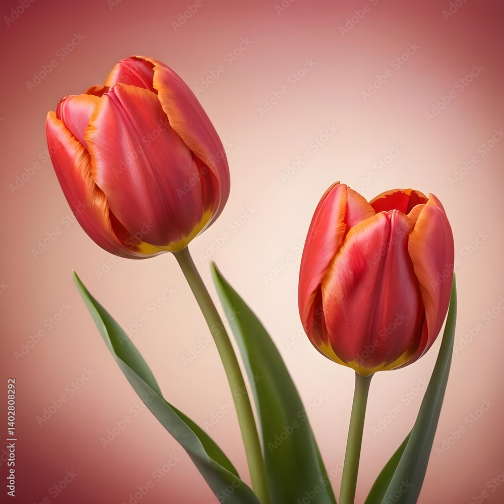 Fototapeta premium Two Red Tulips on a Pink Background