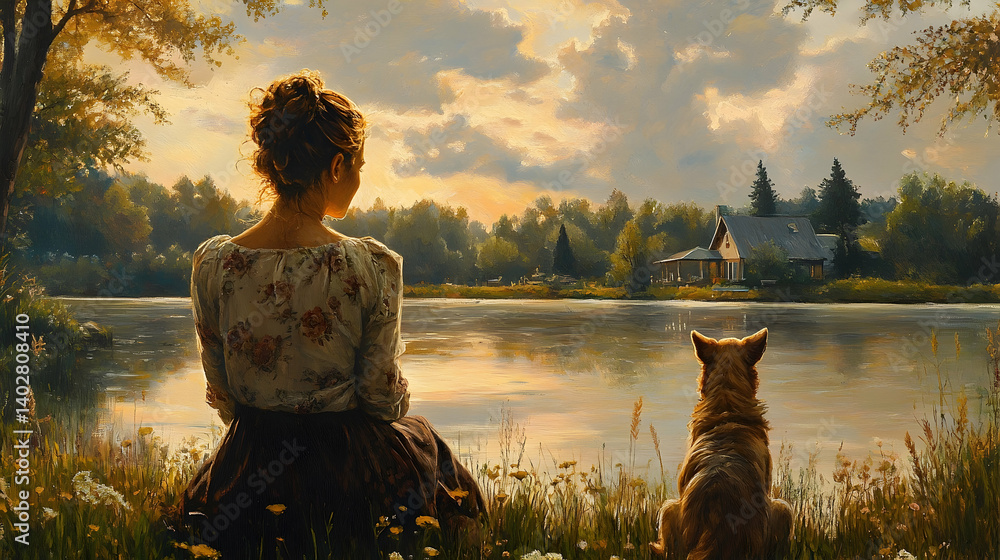 Obraz premium A woman and her dog by a serene lake at sunset.