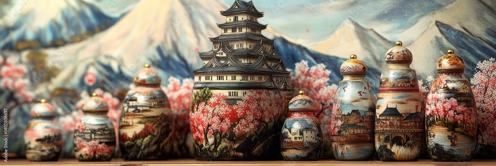 Asian style pottery and a pagoda with flowers against a mountain backdrop.