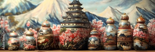 Obraz na płótnie Asian style pottery and a pagoda with flowers against a mountain backdrop. w salonie