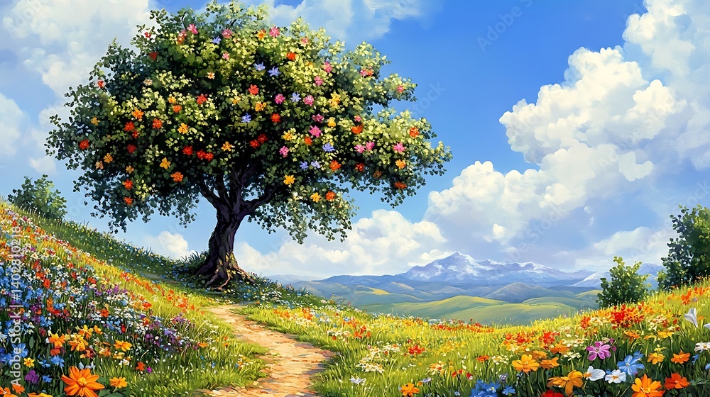Naklejka premium A radiant tree taking root with bright flowers decorating the meadow around it