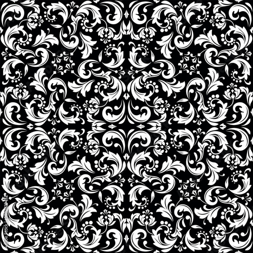 Wallpaper in the style of Baroque. White and black floral ornament. Seamless vector background. Graphic pattern for fabric, wallpaper, packaging. Ornate Damask flower illustration.