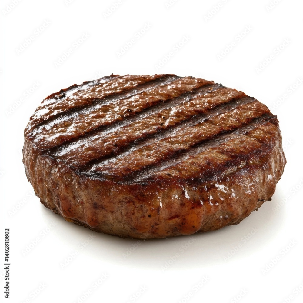 A perfectly grilled, juicy hamburger patty with seared marks and tender texture, isolated white background A perfectly grilled, juicy hamburger patty with seared marks and tender texture, isolated white background