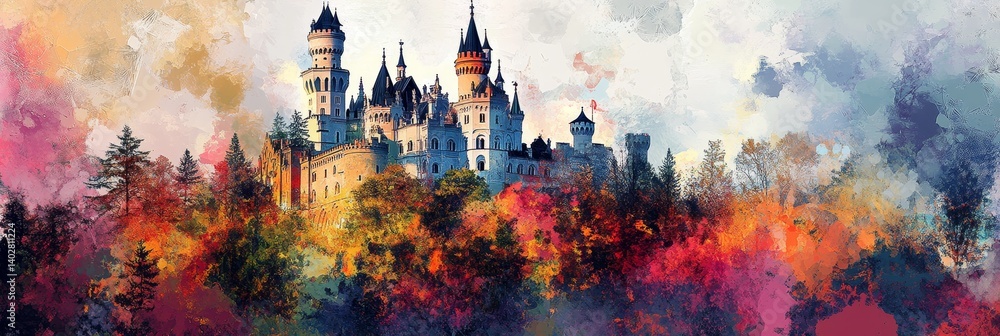 Colorful painting of a castle silhouette surrounded by trees and abstract watercolor elements.