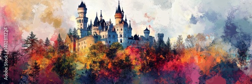 Obraz na płótnie Colorful painting of a castle silhouette surrounded by trees and abstract watercolor elements. w salonie