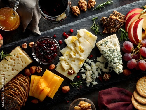 Cheeseboard Extravaganza: A delectable array of cheeses, fruits, nuts, and crackers artfully arranged on a dark slate board, promising a sophisticated culinary experience.