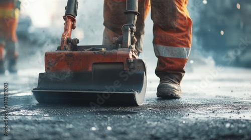 Asphalt worker using a compactor to smooth road pavement. Featuring force and evenness
