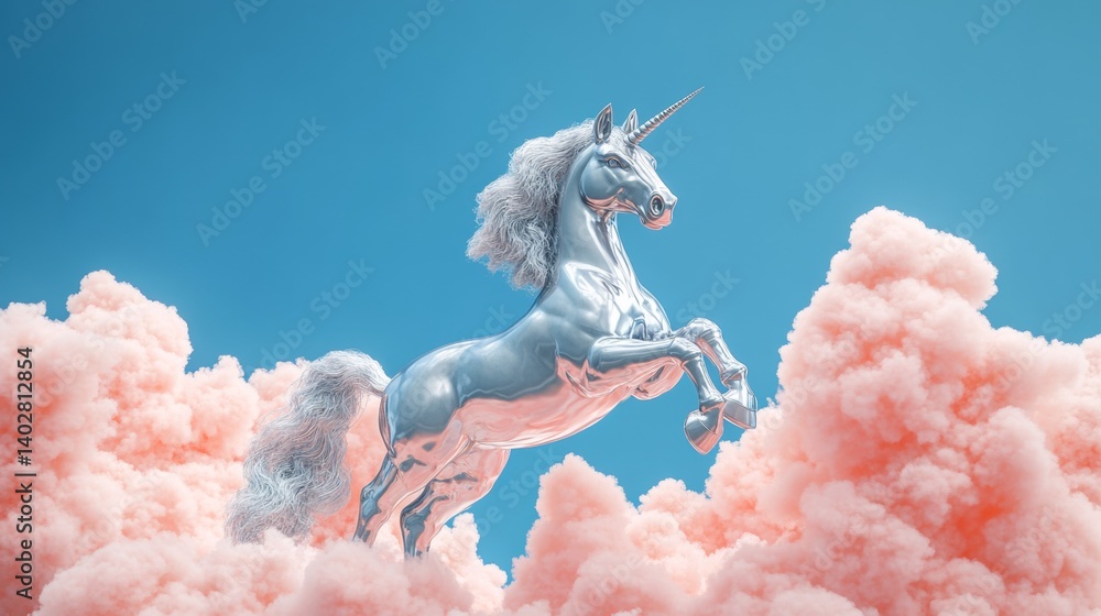Silver unicorn soaring through pink clouds: a magical 3d render featuring a rearing horse against a bright blue background creating a whimsical dreamy scene