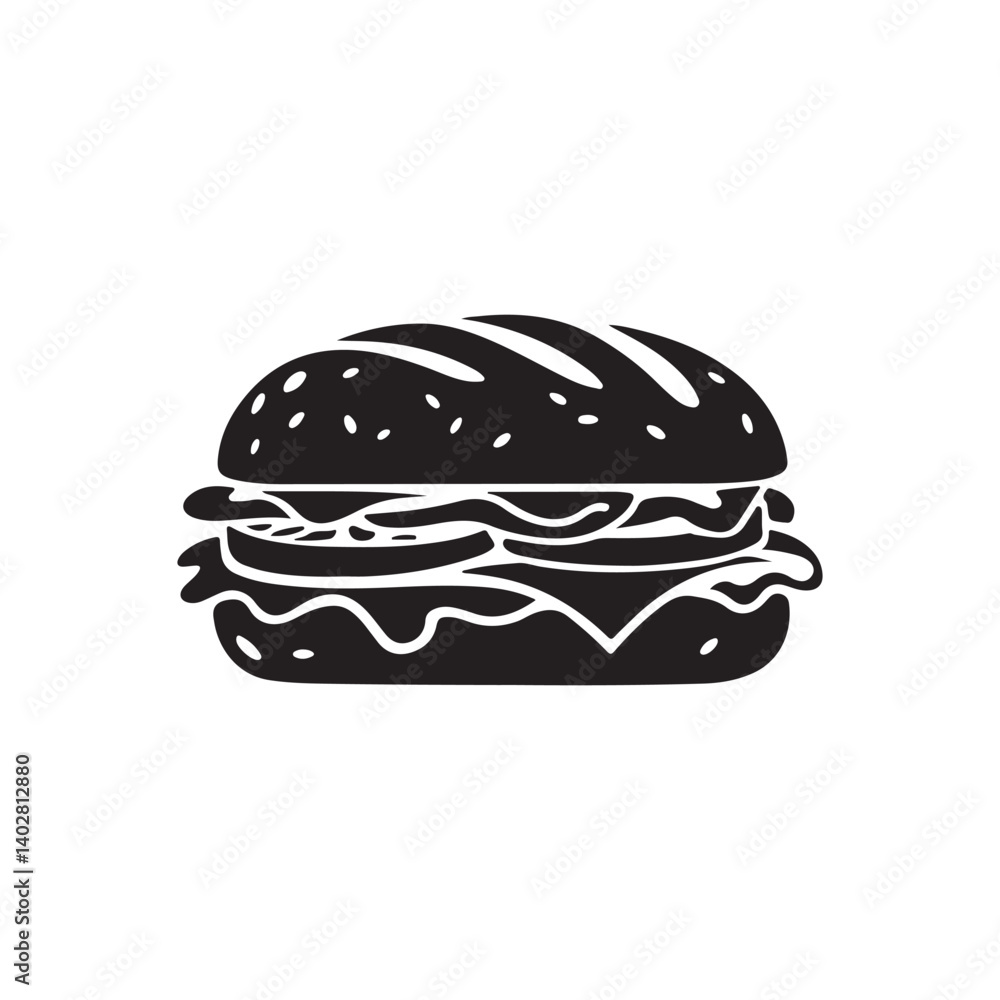 Vector illustration of a sandwich with sesame bun, lettuce, tomato, and m Vector illustration of a sandwich with sesame bun, lettuce, tomato, and m