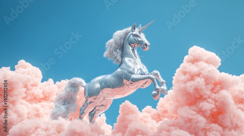 Obraz na płótnie Silver unicorn soaring through pink clouds: a magical 3d render featuring a rearing horse against a bright blue background creating a whimsical dreamy scene w salonie