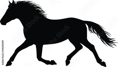 Silhouette of a trotting horse with flowing mane and tail, capturing movement and grace