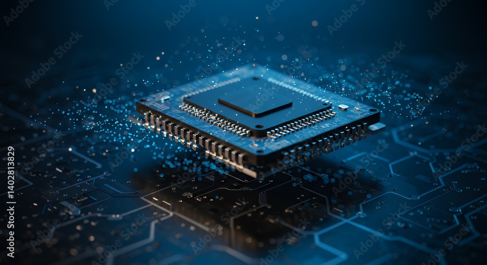Close-up of Advanced Microchip on Circuit Board with Glowing Particles