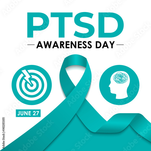 National PTSD Awareness Day is June 27. Health awareness vector. Realistic ribbon, Human and brain icon. Educate the public about post-traumatic stress disorder. Banner and background design template.