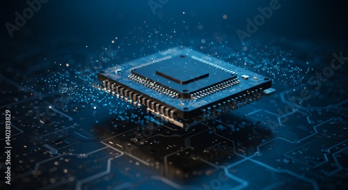 Obraz na płótnie Close-up of Advanced Microchip on Circuit Board with Glowing Particles w salonie