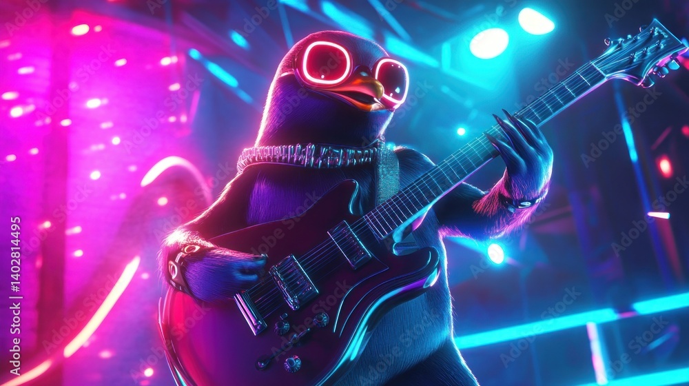 Obraz premium Cool penguin rockstar performs on stage with electric guitar.