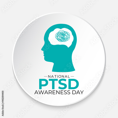 National PTSD Awareness Day is June 27. Health awareness vector. Realistic ribbon, Human and brain icon. Educate the public about post-traumatic stress disorder. Banner and background design template.