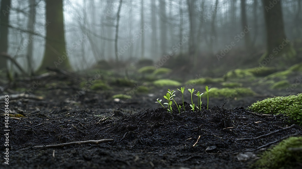 Fototapeta premium Small green shoots emerging from dark soil surrounded by a tranquil morning forest