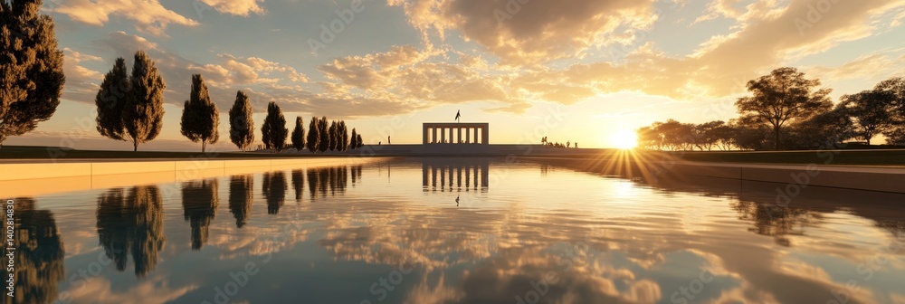 Building and trees reflected in water at sunset with golden light.