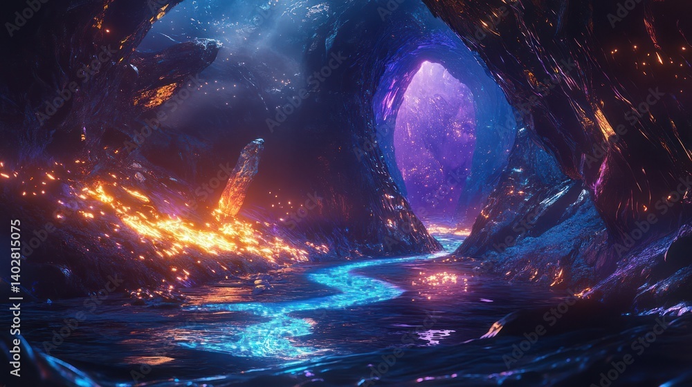 Obraz premium A cavern interior featuring a glowing river and distant portal