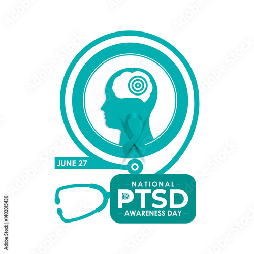 National PTSD Awareness Day is June 27. Health awareness vector. Realistic ribbon, Human and brain icon. Educate the public about post-traumatic stress disorder. Banner and background design template.