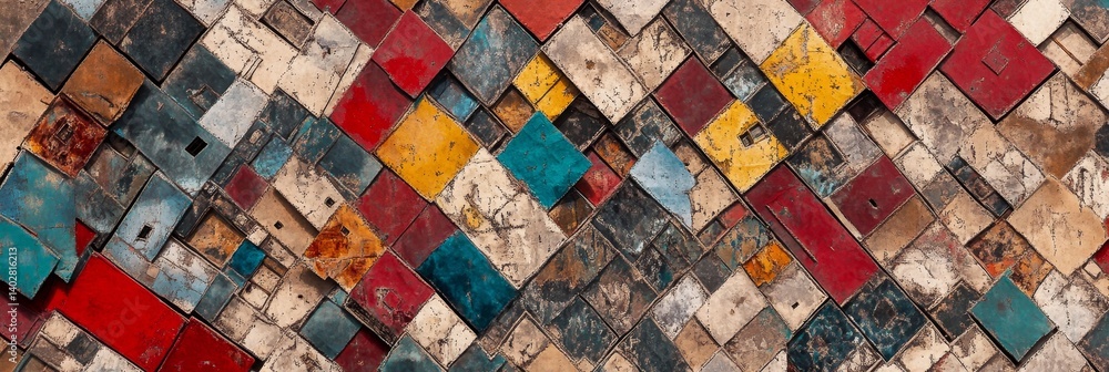 Abstract background of colorful wooden blocks arranged in a diagonal pattern.