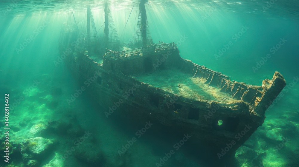 Fototapeta premium Sunken shipwreck resting on the ocean floor, surrounded by clear blue water and marine life