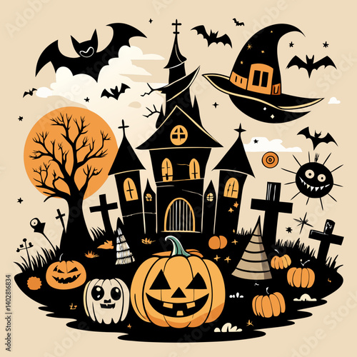 Hand-Drawn Vintage Halloween Scene with Jack-o’-Lanterns, Haunted House, and Witch Hat – Black and White Illustration.